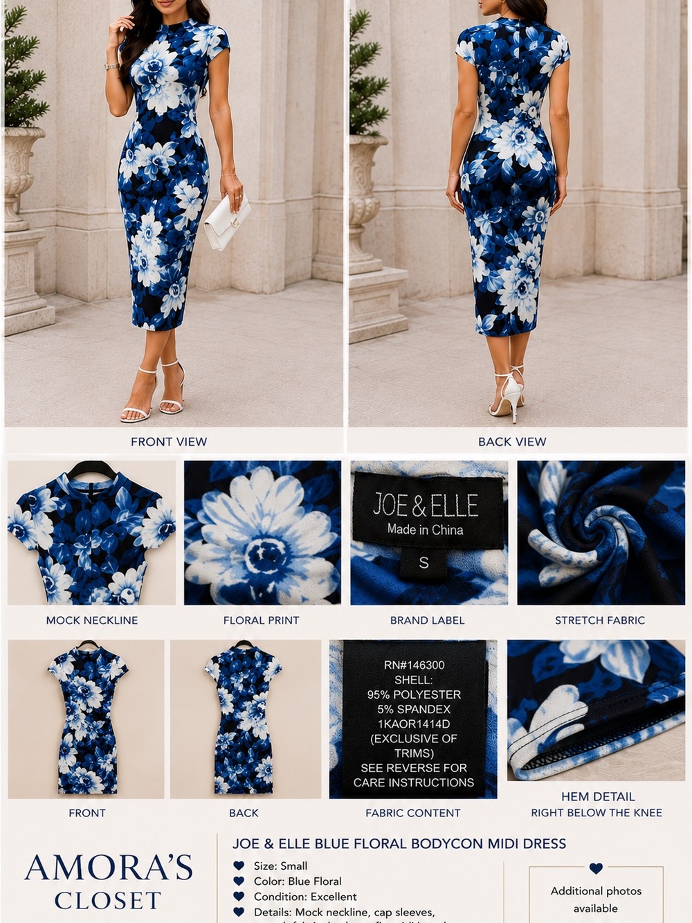 Joe & Elle Blue & White Floral Bodycon Midi Dress